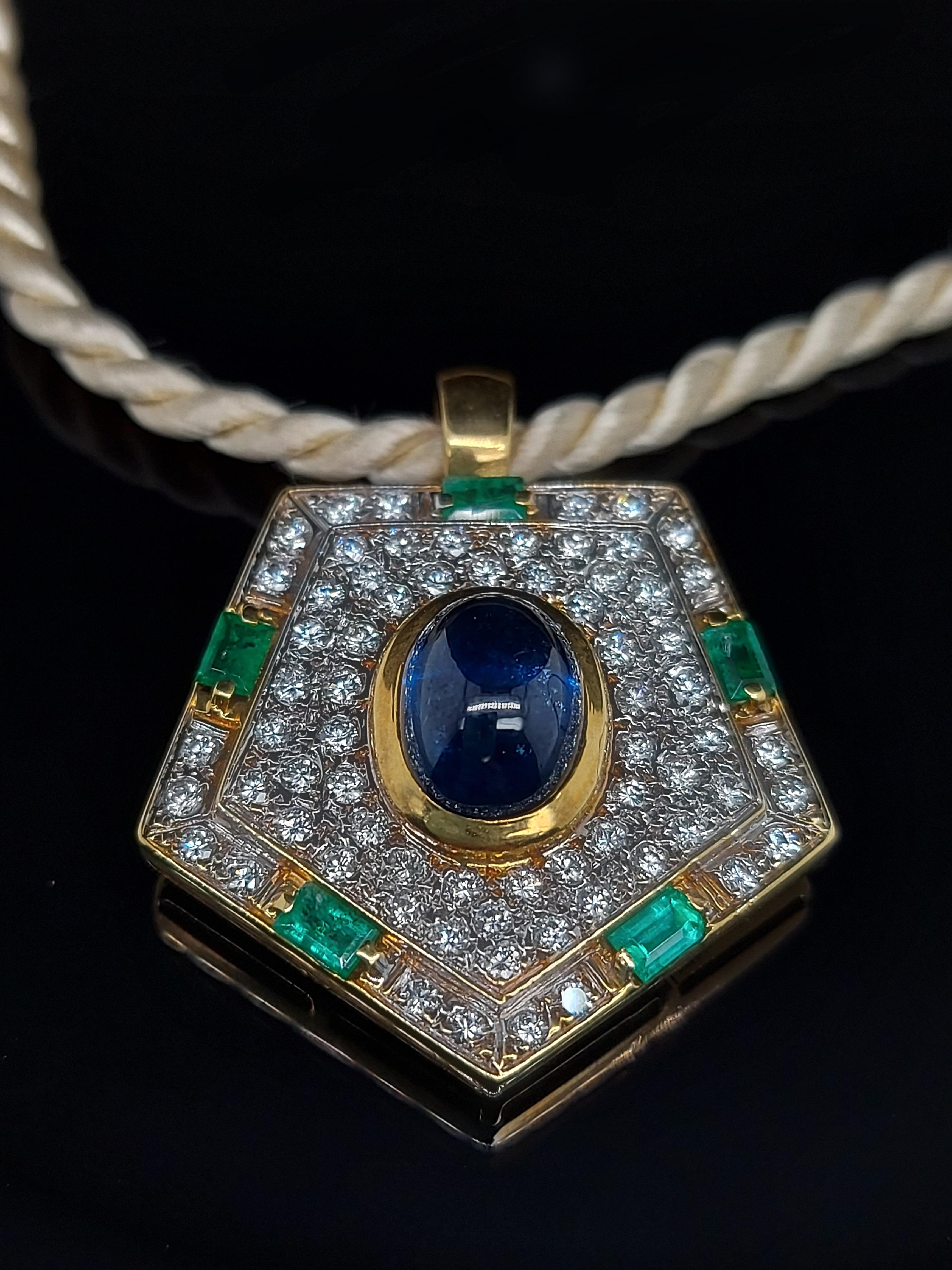 Brilliant Cut Yellow Gold Pendant with Diamonds, Emerald, Cabochon Sapphire