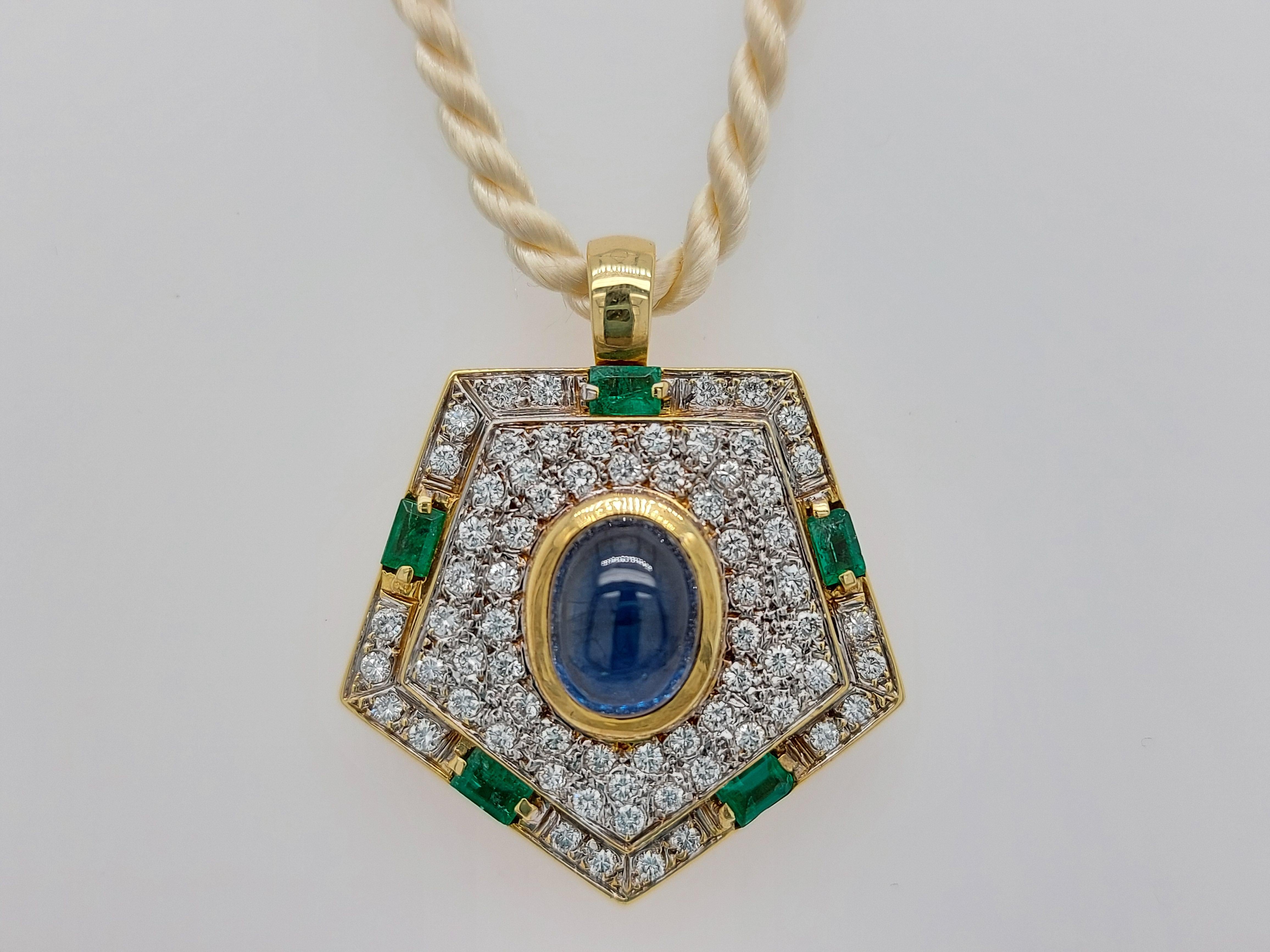Women's or Men's Yellow Gold Pendant with Diamonds, Emerald, Cabochon Sapphire