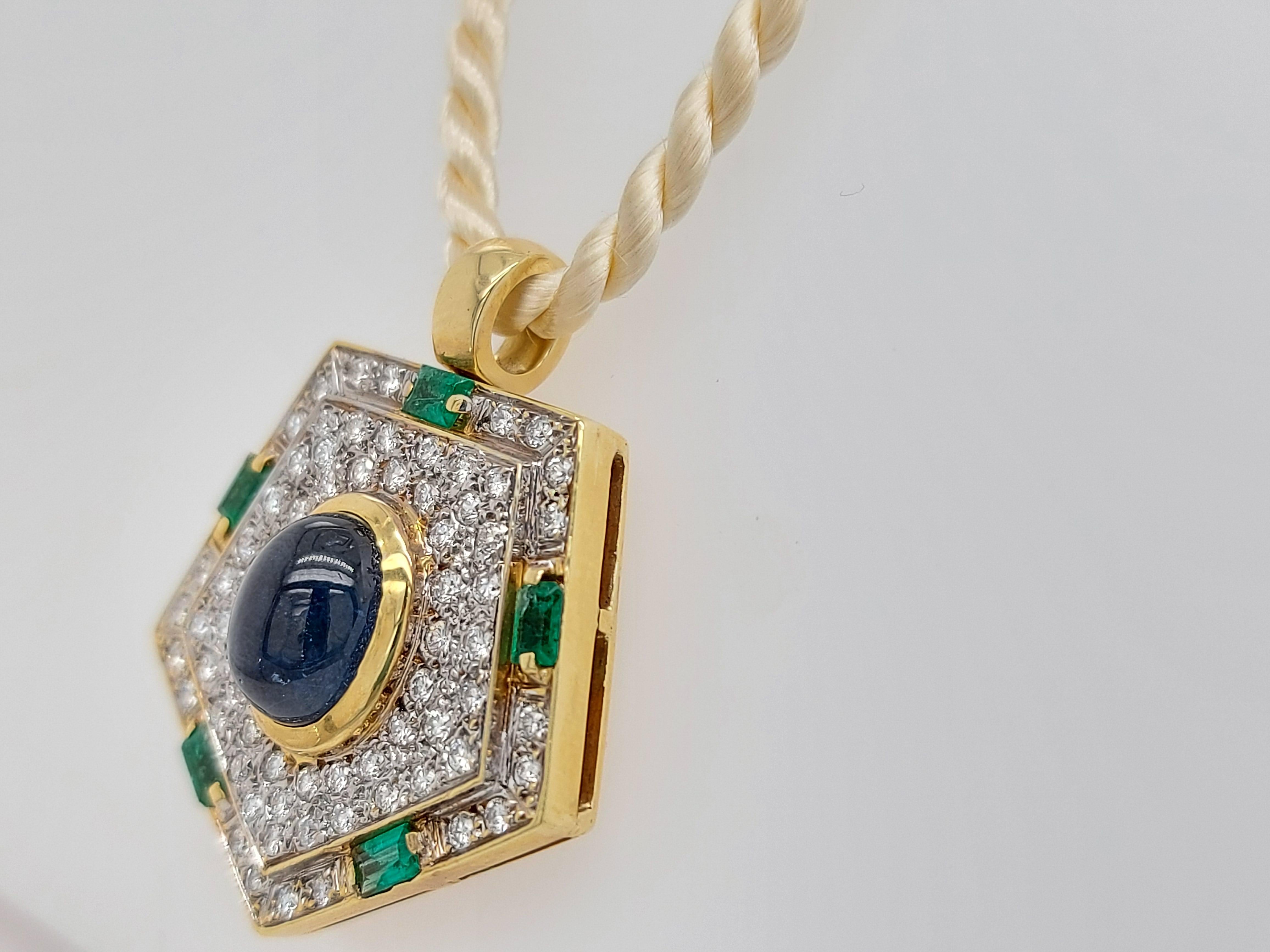 Yellow Gold Pendant with Diamonds, Emerald, Cabochon Sapphire 1