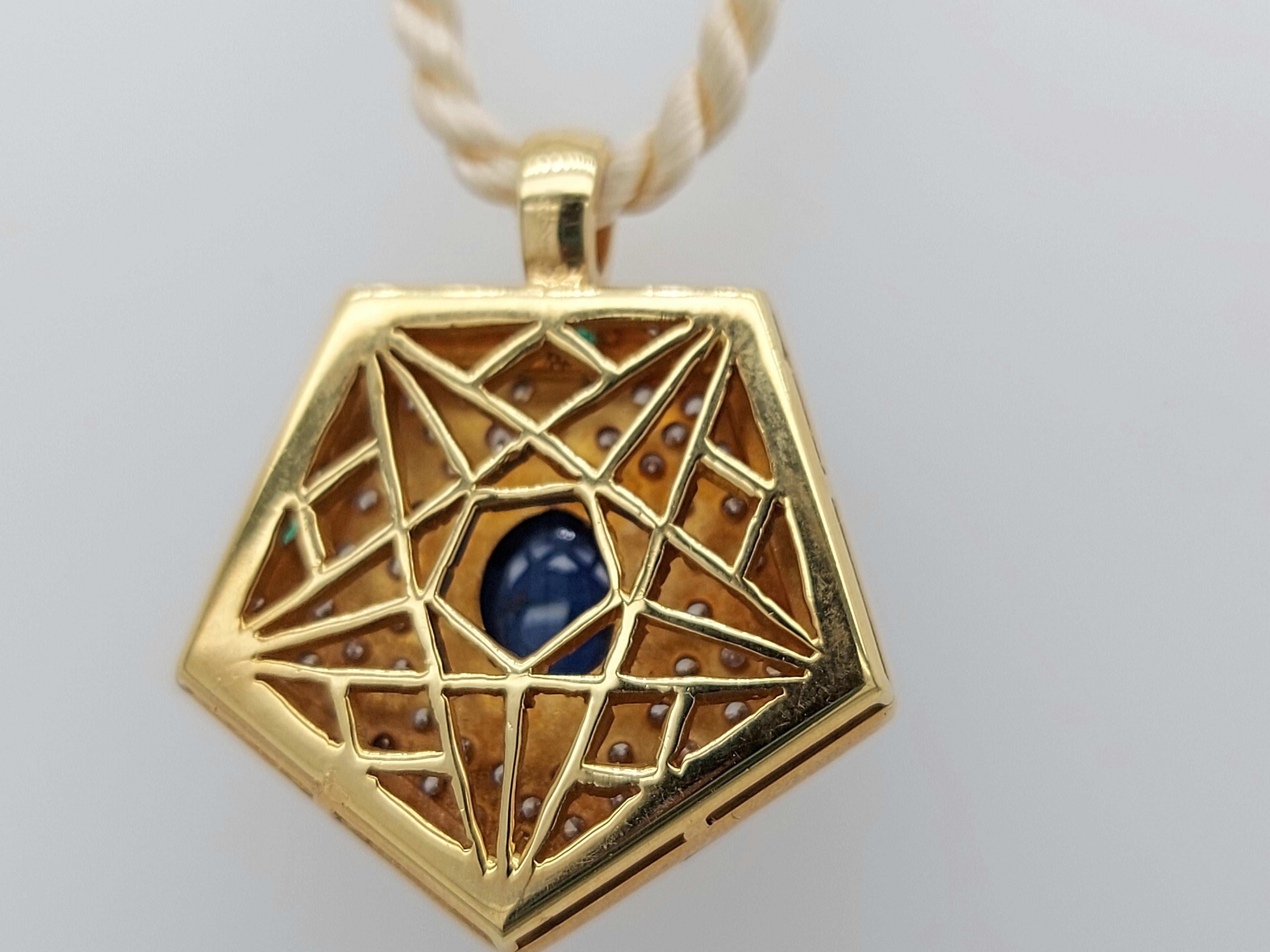 Yellow Gold Pendant with Diamonds, Emerald, Cabochon Sapphire 2