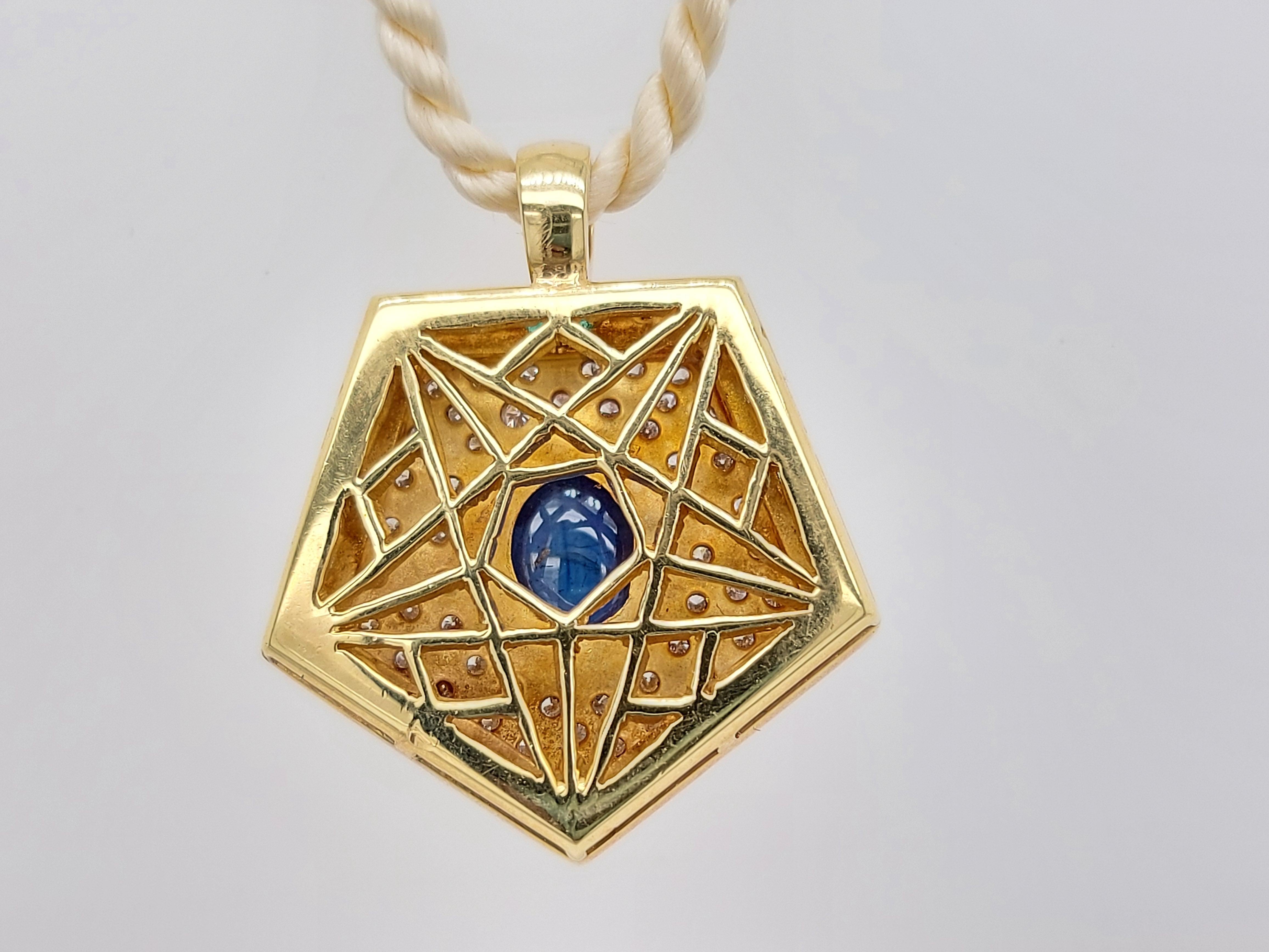 Yellow Gold Pendant with Diamonds, Emerald, Cabochon Sapphire 3