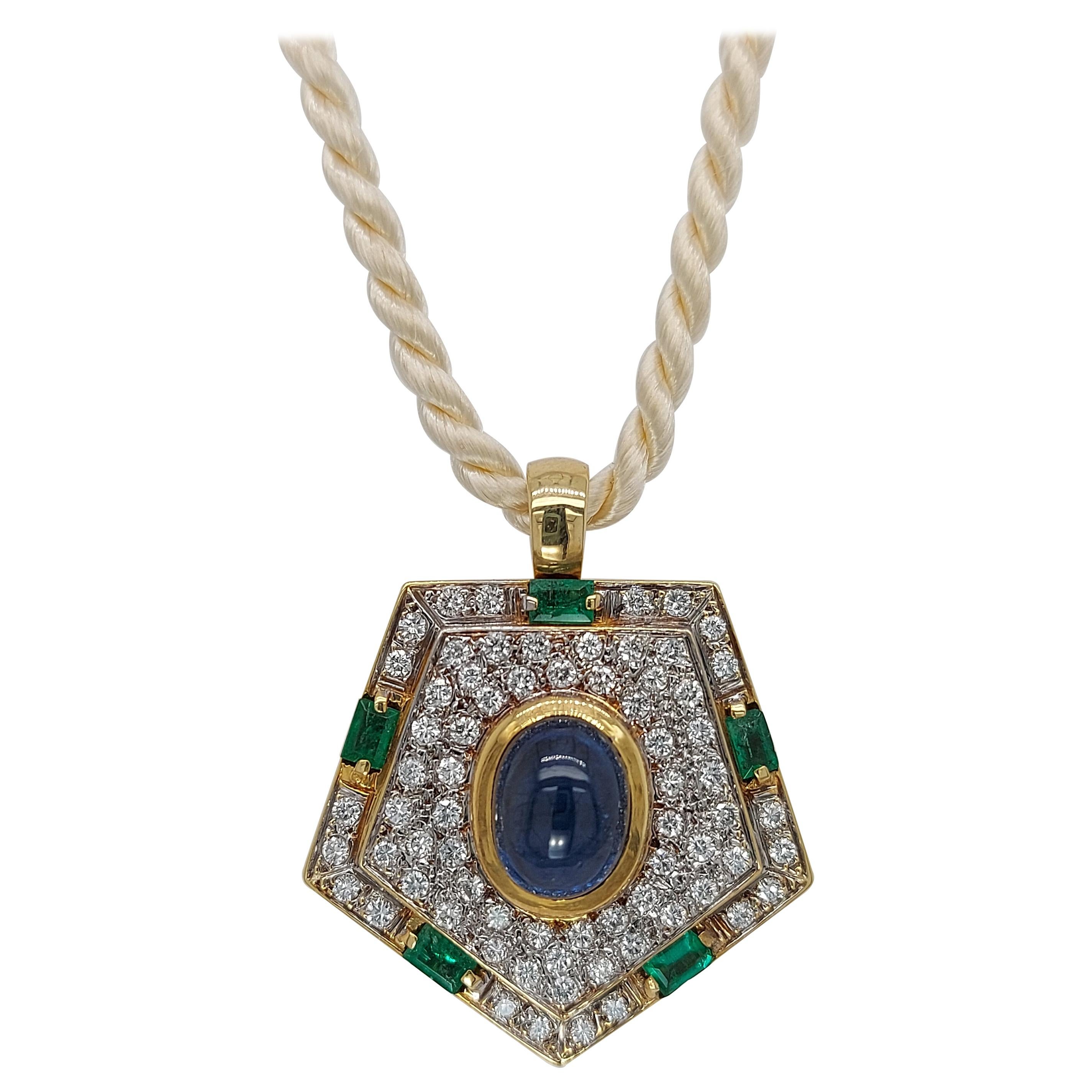 Yellow Gold Pendant with Diamonds, Emerald, Cabochon Sapphire
