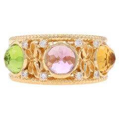 Yellow Gold Peridot Amethyst Citrine Dia Band 14k Cab 2.37ctw Three-Stone Ring