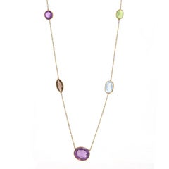 Yellow Gold Peridot Blue Topaz Citrine Station Necklace 36" - 14k Pear 20.07ctw