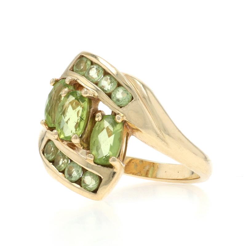 Cushion Cut Yellow Gold Peridot Bypass Ring - 10k Cushion Checkerboard 2.74ctw Three-Stone For Sale