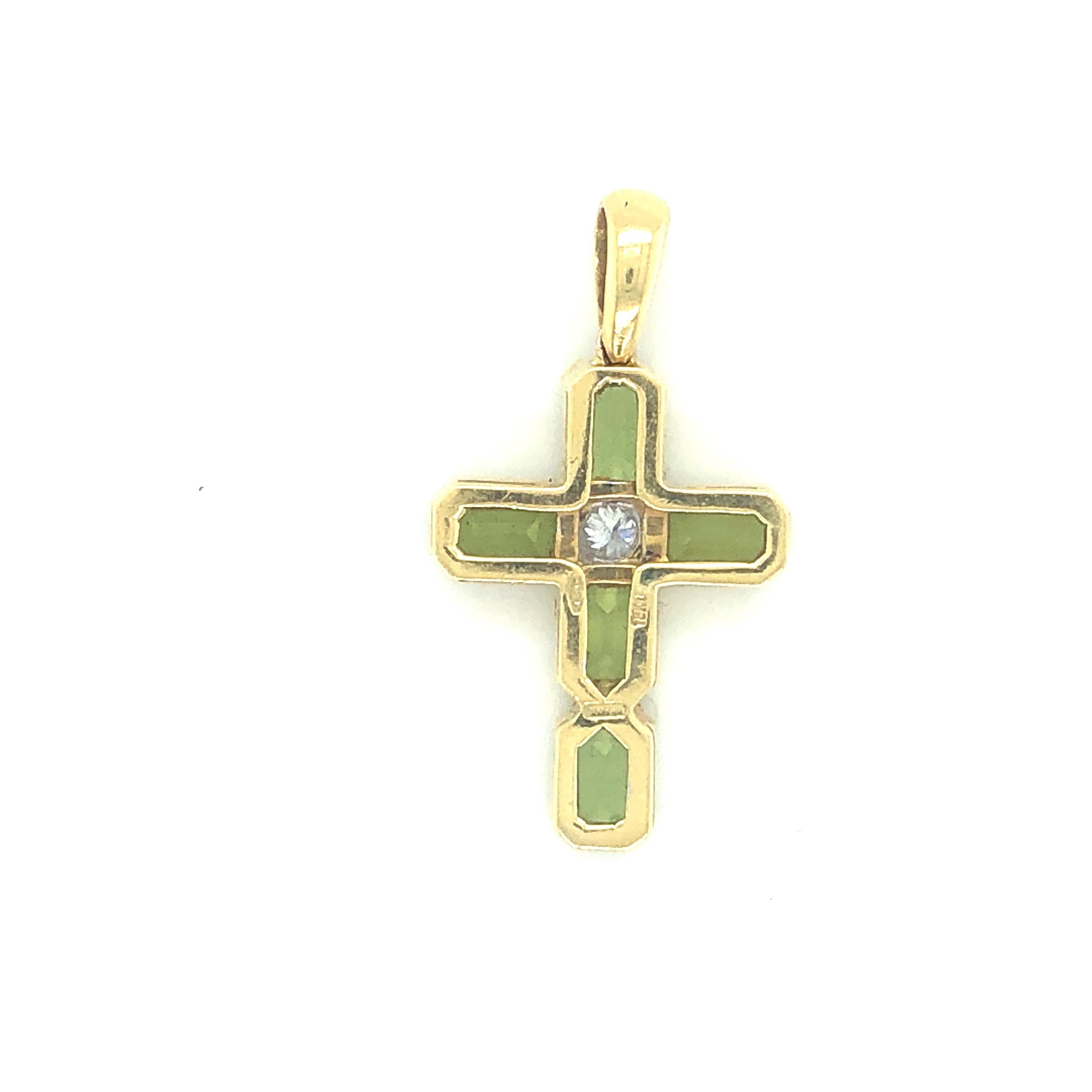 Baguette Cut Yellow Gold Peridot Diamond Cross Pendant