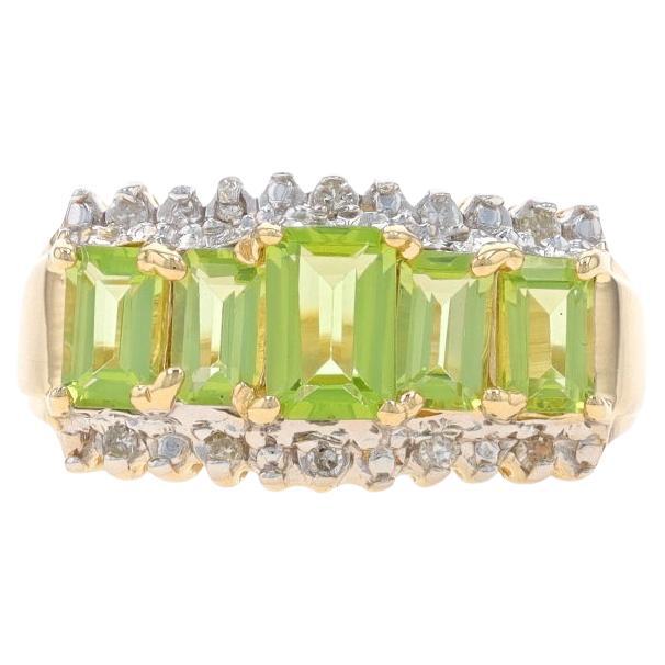 Yellow Gold Peridot & Diamond Five-Stone Ring - 14k Emerald Cut 1.55ctw For Sale