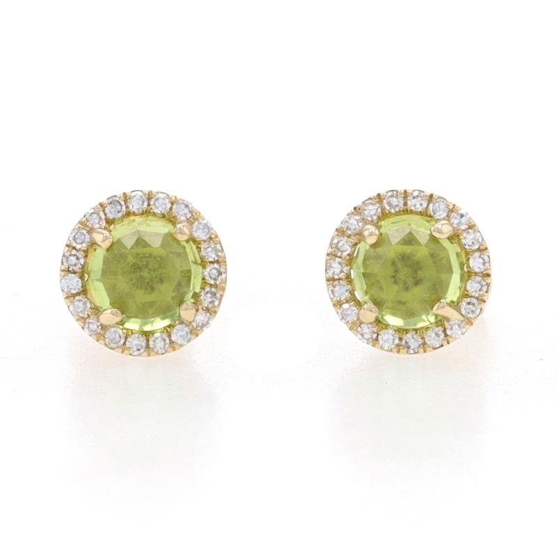 Metal Content: 14k Yellow Gold

Stone Information

Natural Peridot
Carat(s): .62ctw
Cut: Round Rose
Color: Green

Natural Diamonds
Carat(s): .08ctw
Cut: Single
Color: F - G
Clarity: VS1 - VS2

Total Carats: .70ctw

Style: Halo Stud 
Fastening Type: