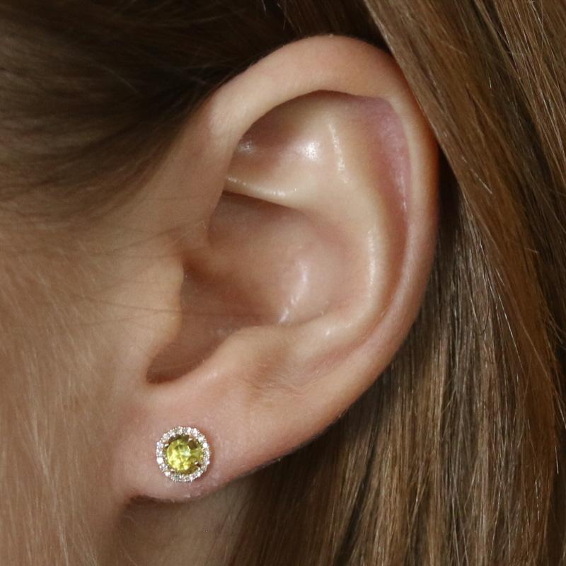 Yellow Gold Peridot & Diamond Halo Stud Earrings - 14k Round Rose .70ctw Pierced In New Condition For Sale In Greensboro, NC