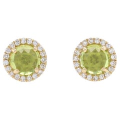 Yellow Gold Peridot & Diamond Halo Stud Earrings - 14k Round Rose .70ctw Pierced