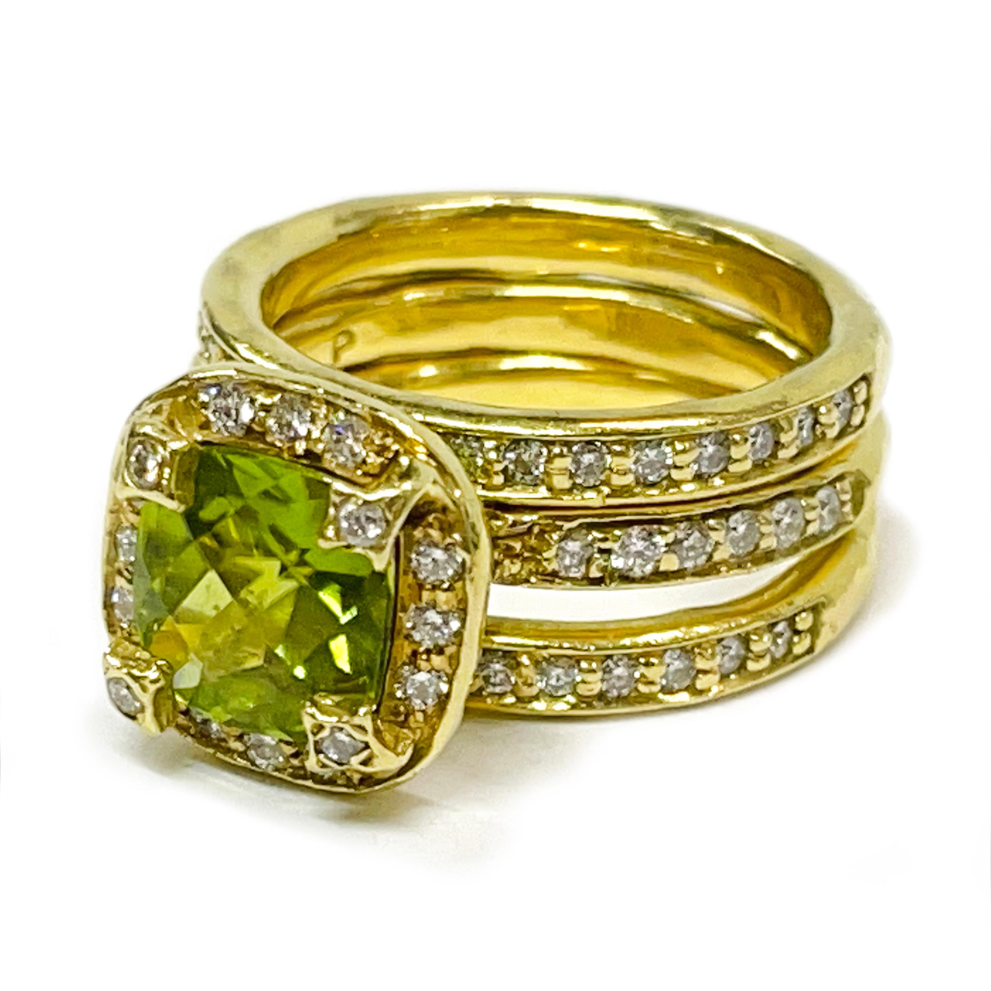 18 Karat Yellow Gold Peridot Diamond Ring Set. The ring set consists of one ring with a cushion checkerboard cut Peridot and diamond halo with a half eternity diamond band and two half eternity bands. The Peridot measures 8 x 8mm and that ring has