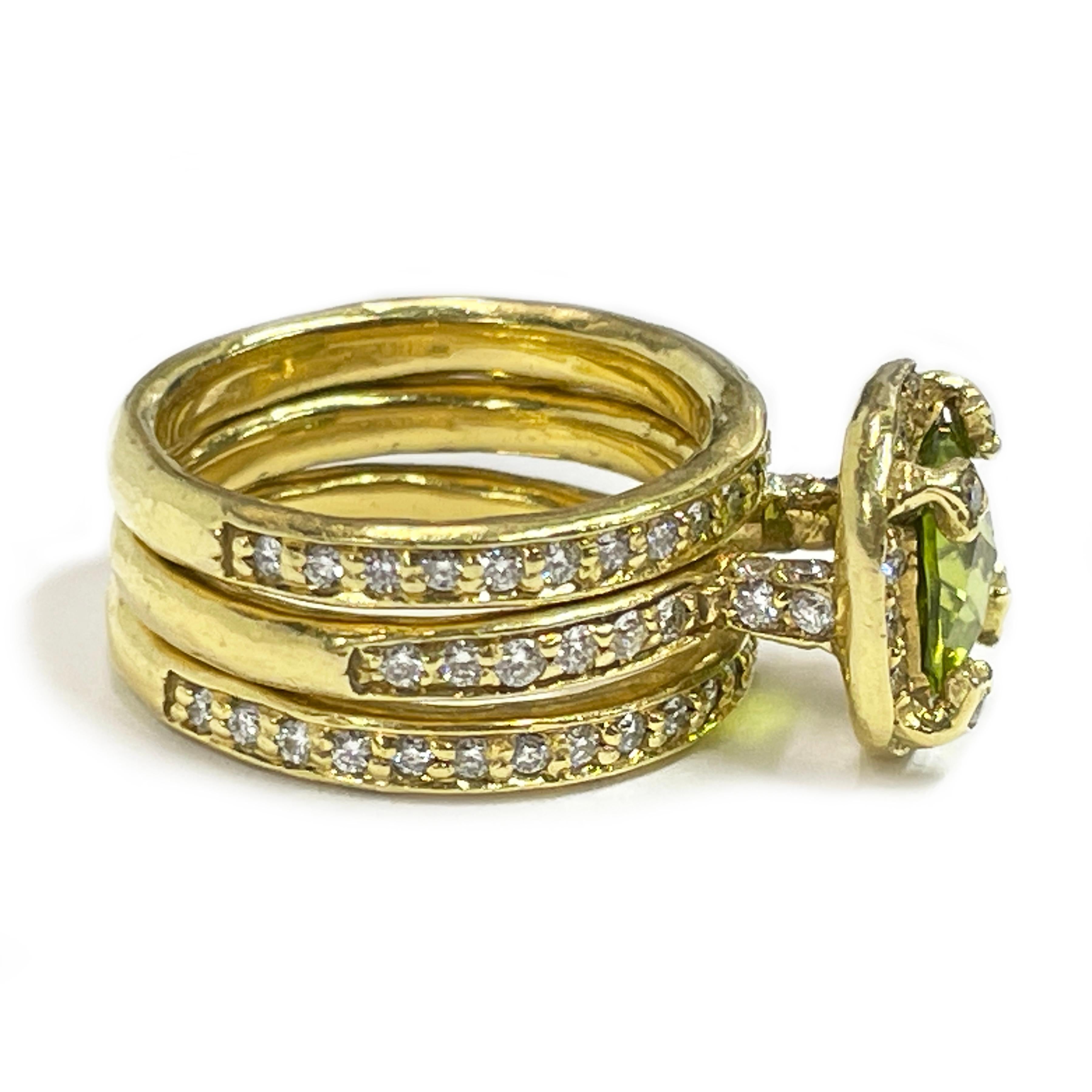 Cushion Cut Yellow Gold Peridot Diamond Ring Set For Sale
