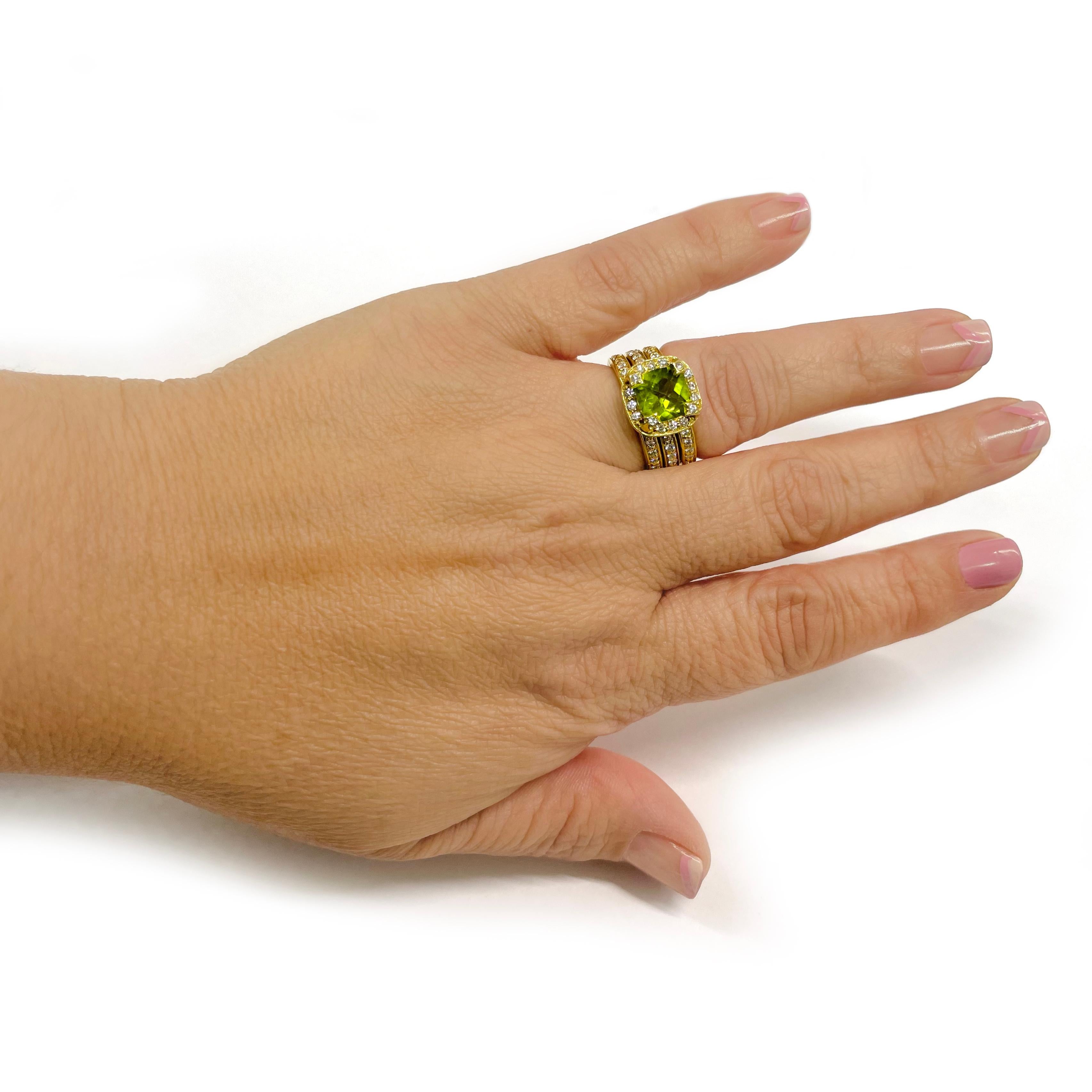 Women's or Men's Yellow Gold Peridot Diamond Ring Set For Sale