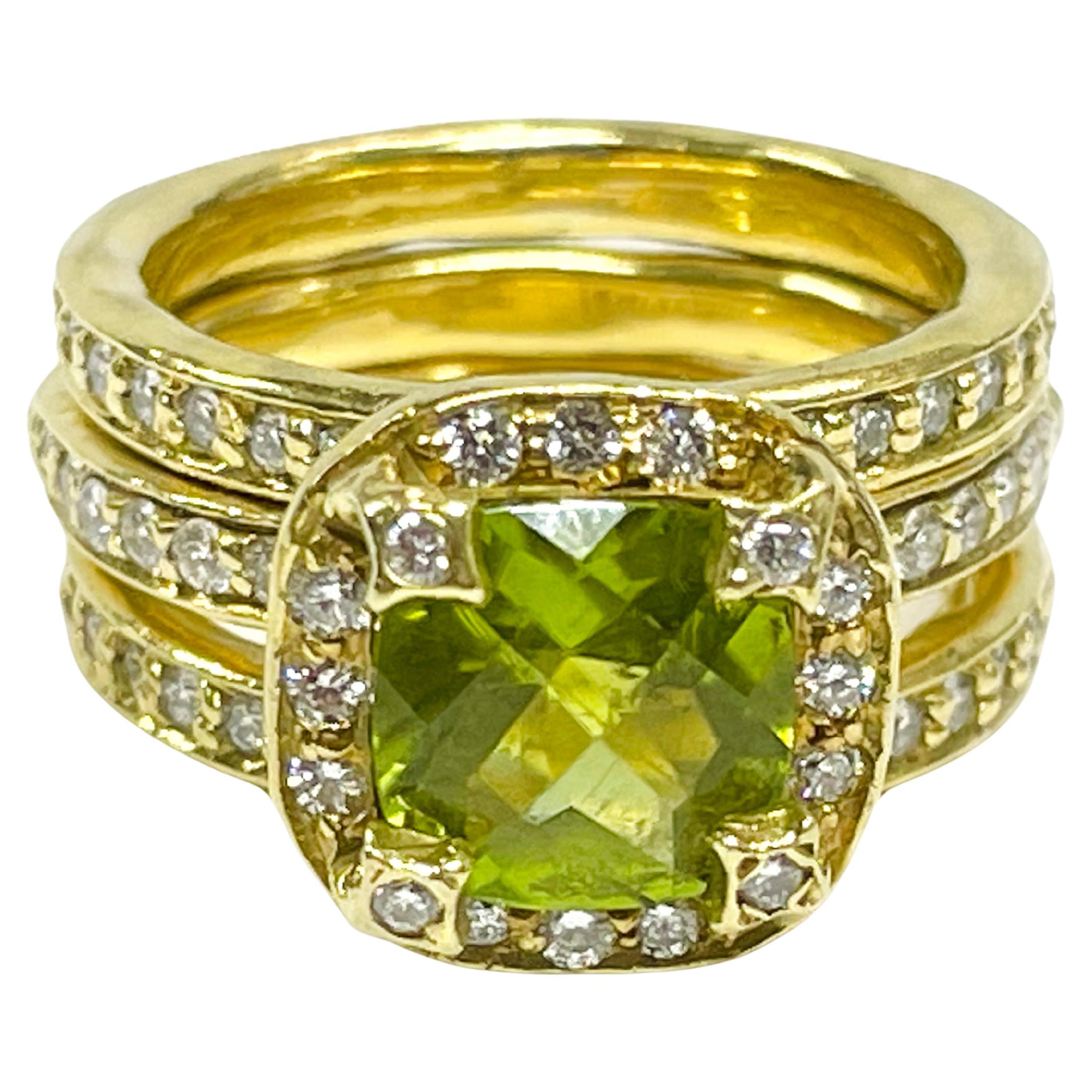 Yellow Gold Peridot Diamond Ring Set For Sale