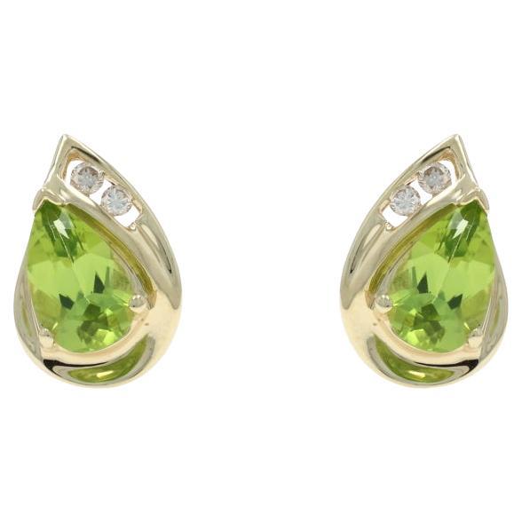 Yellow Gold Peridot Diamond Stud Earrings - 10k Pear 1.58ctw