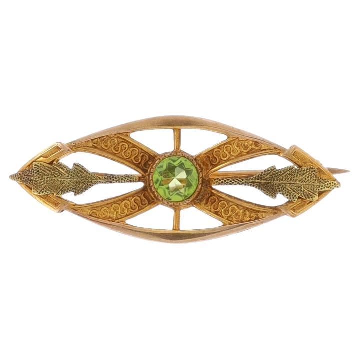 Yellow Gold Peridot Edwardian Botanical Brooch 10k Round.26ct Leaves Antique Pin For Sale
