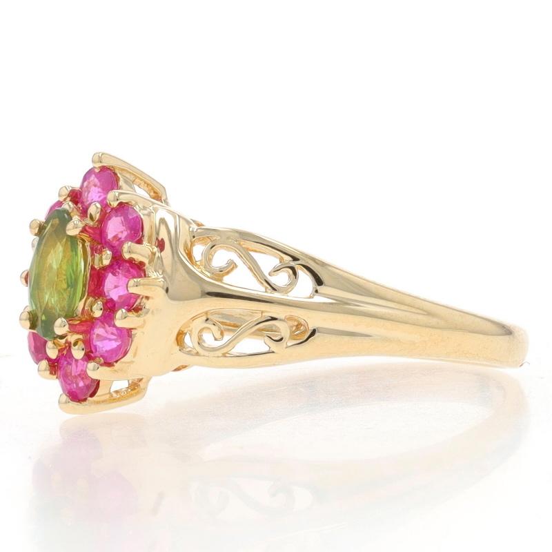 Marquise Cut Yellow Gold Peridot & Pink Sapphire Halo Ring - 14k Marquise .81ctw Floral For Sale