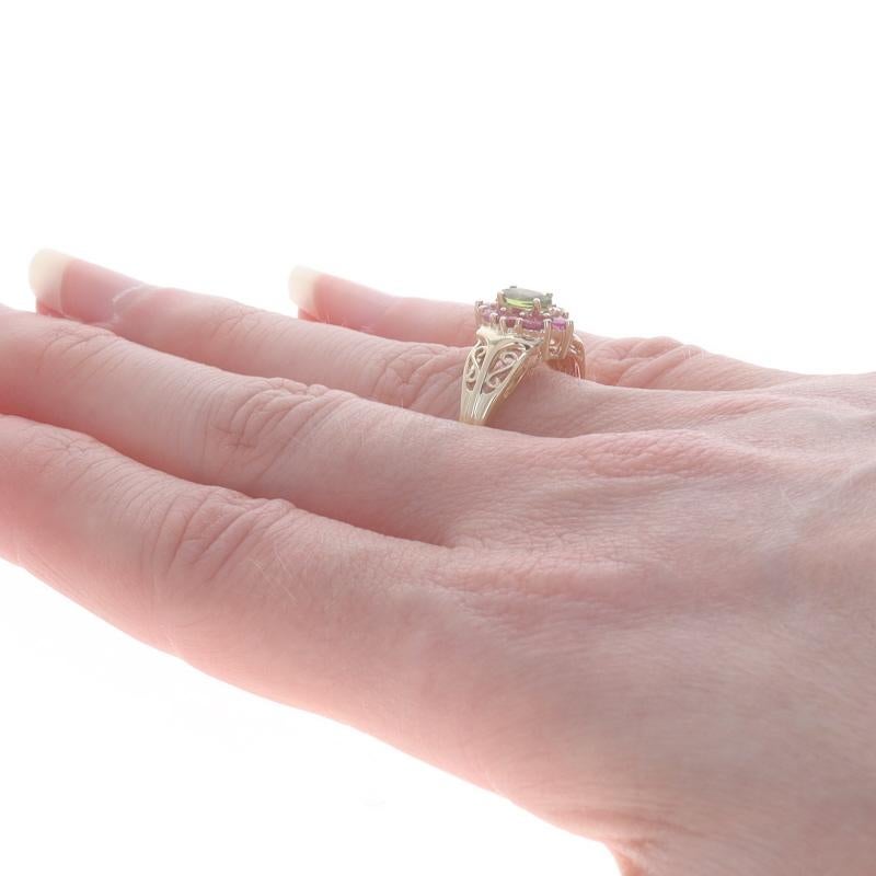 Yellow Gold Peridot & Pink Sapphire Halo Ring - 14k Marquise .81ctw Floral In Excellent Condition For Sale In Greensboro, NC