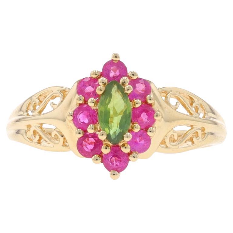 Yellow Gold Peridot & Pink Sapphire Halo Ring - 14k Marquise .81ctw Floral For Sale