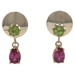 Yellow Gold Peridot Rhodolite Garnet Dangle Earrings - 14k Round 1.32ctw Pierced