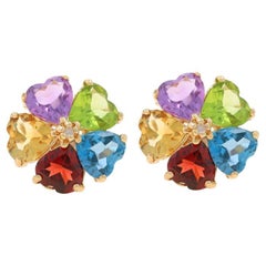 Orecchini con perno floreale in oro giallo Peridot Topaz Garnet 14k Heart 10.50ctw Pierced