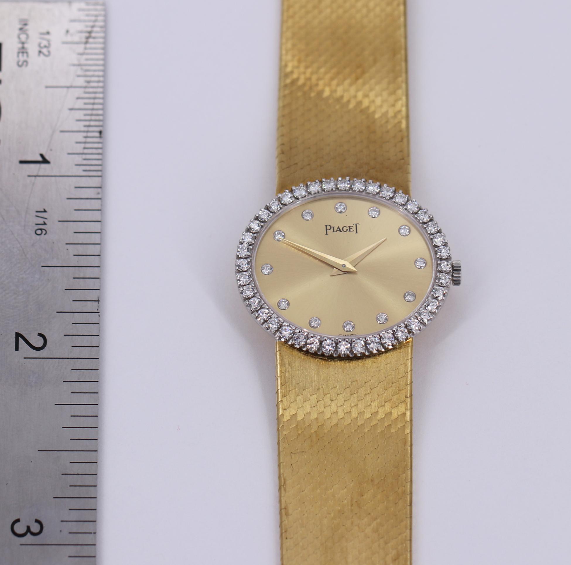 Yellow Gold Piaget Watch with Diamond Bezel and Diamond Markers In Good Condition In Palm Beach, FL