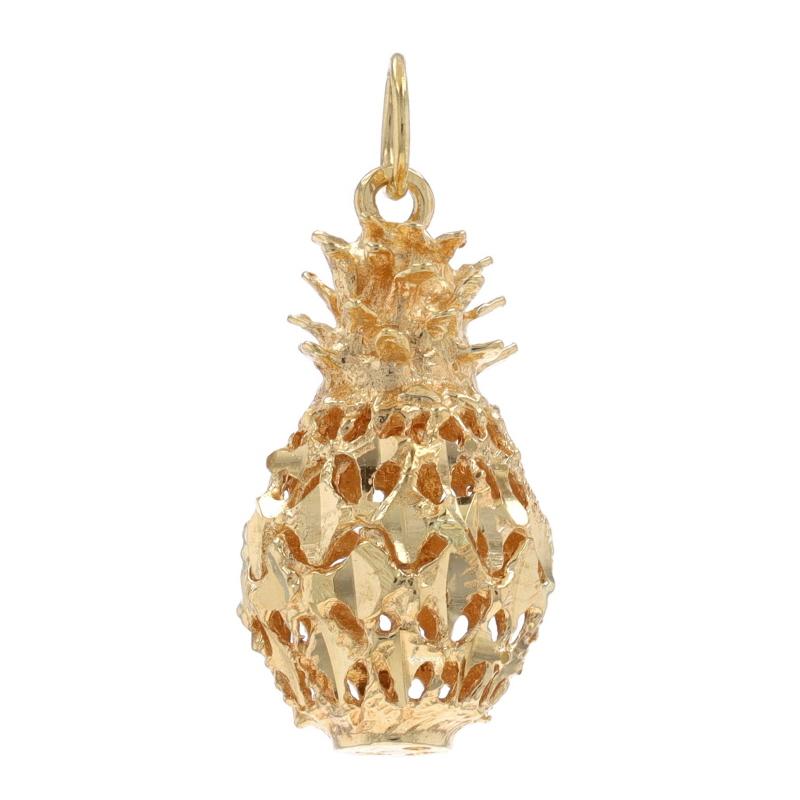 Metal Content: 14k Yellow Gold

Theme: Pineapple, Fruit
Features: Open Cut Design with Etched Detailing

Measurements

Tall (from stationary bail): 25/32