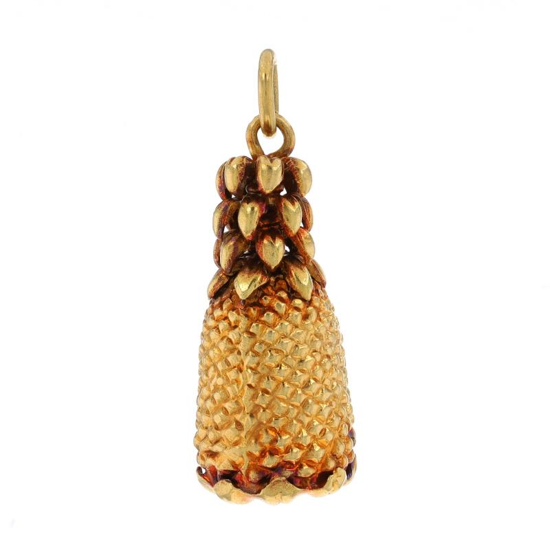 Metal Content: 18k Yellow Gold

Theme: Pineapple, Tropical Fruit, Southern Hospitality
Features: Hollow Construction & Textured Detailing

Measurements
Tall (from stationary bail): 1 1/16