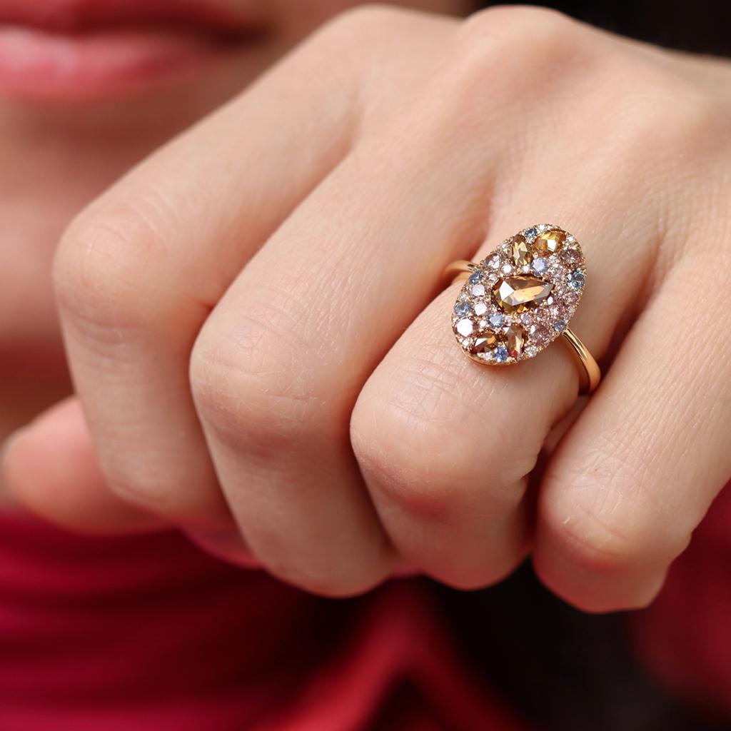 Yellow Gold Pink Diamond Brown Rose-Cut Diamond Mosaic Pave Ring  3