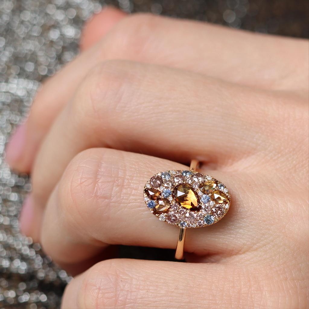 Yellow Gold Pink Diamond Brown Rose-Cut Diamond Mosaic Pave Ring  11