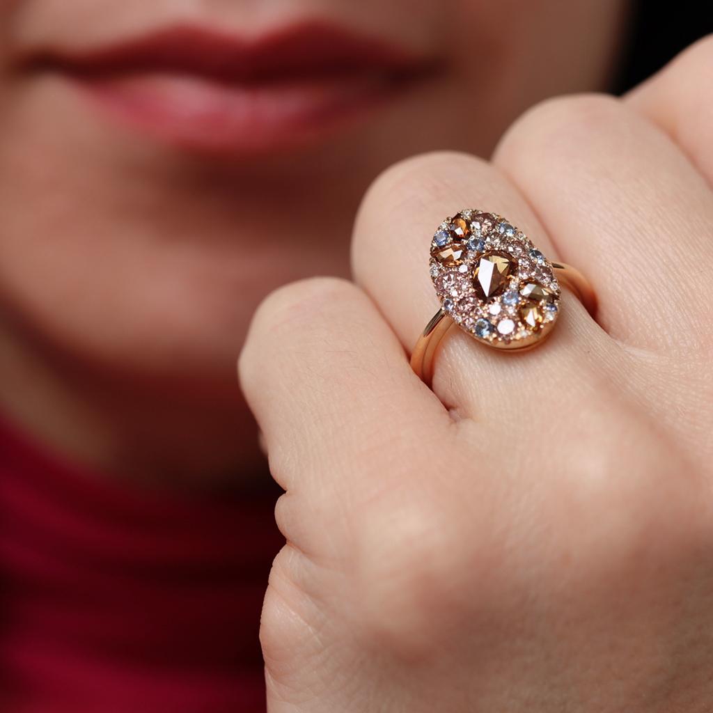 Yellow Gold Pink Diamond Brown Rose-Cut Diamond Mosaic Pave Ring  1