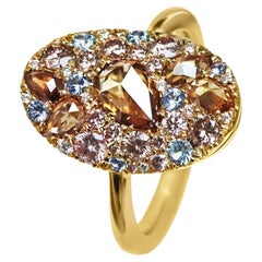 Yellow Gold Pink Diamond Brown Rose-Cut Diamond Mosaic Pave Ring 