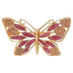 Broche papillon floral en or jaune et émail rose 14 carats Insect Nature Pin Italy