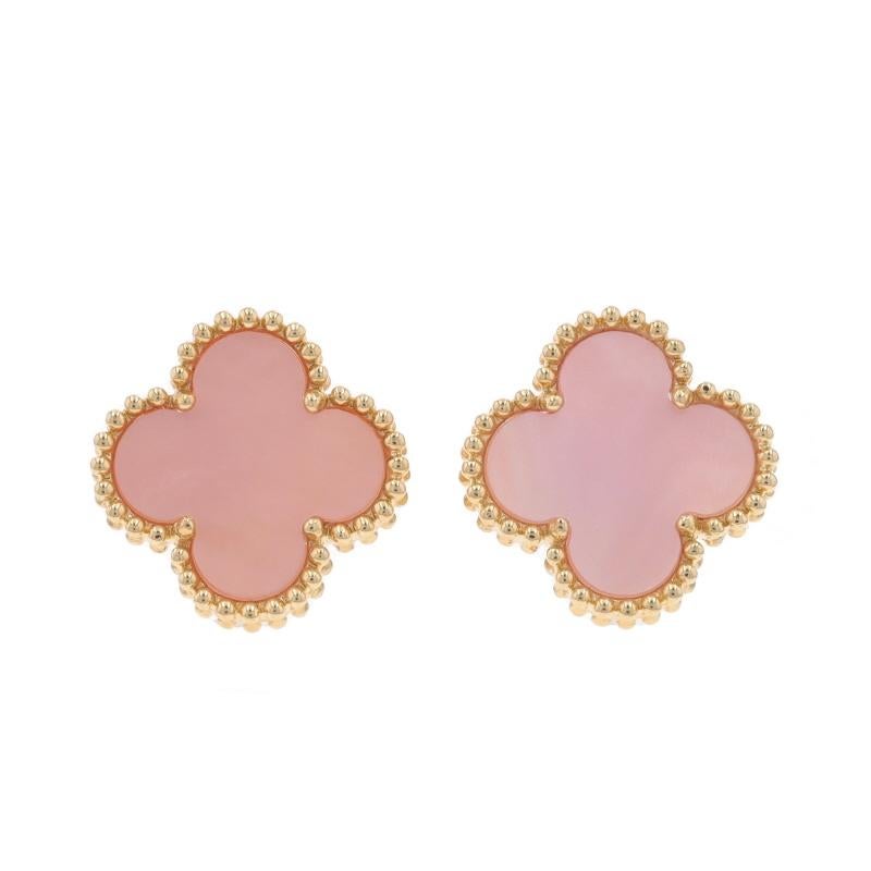 Metal Content: 14k Yellow Gold

Stone Information

Natural Mother of Pearl
Color: Pink

Style: Stud
Fastening Type: Butterfly Closures
Theme: Quatrefoil, Flowers

Measurements

Tall: 1/2