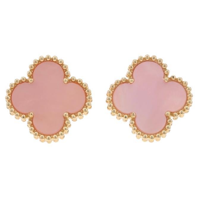 Yellow Gold Pink Mother of Pearl Quatrefoil Stud Earrings - 14k Flowers Pierced