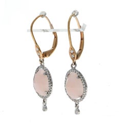 Yellow Gold Pink Opal Diamond Dangle Earrings -18k Rose Cabochon 2.68ctw Pierced