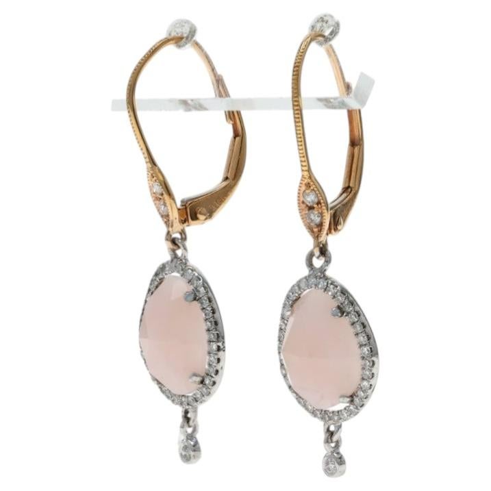 Yellow Gold Pink Opal Diamond Dangle Earrings -18k Rose Cabochon 2.68ctw Pierced