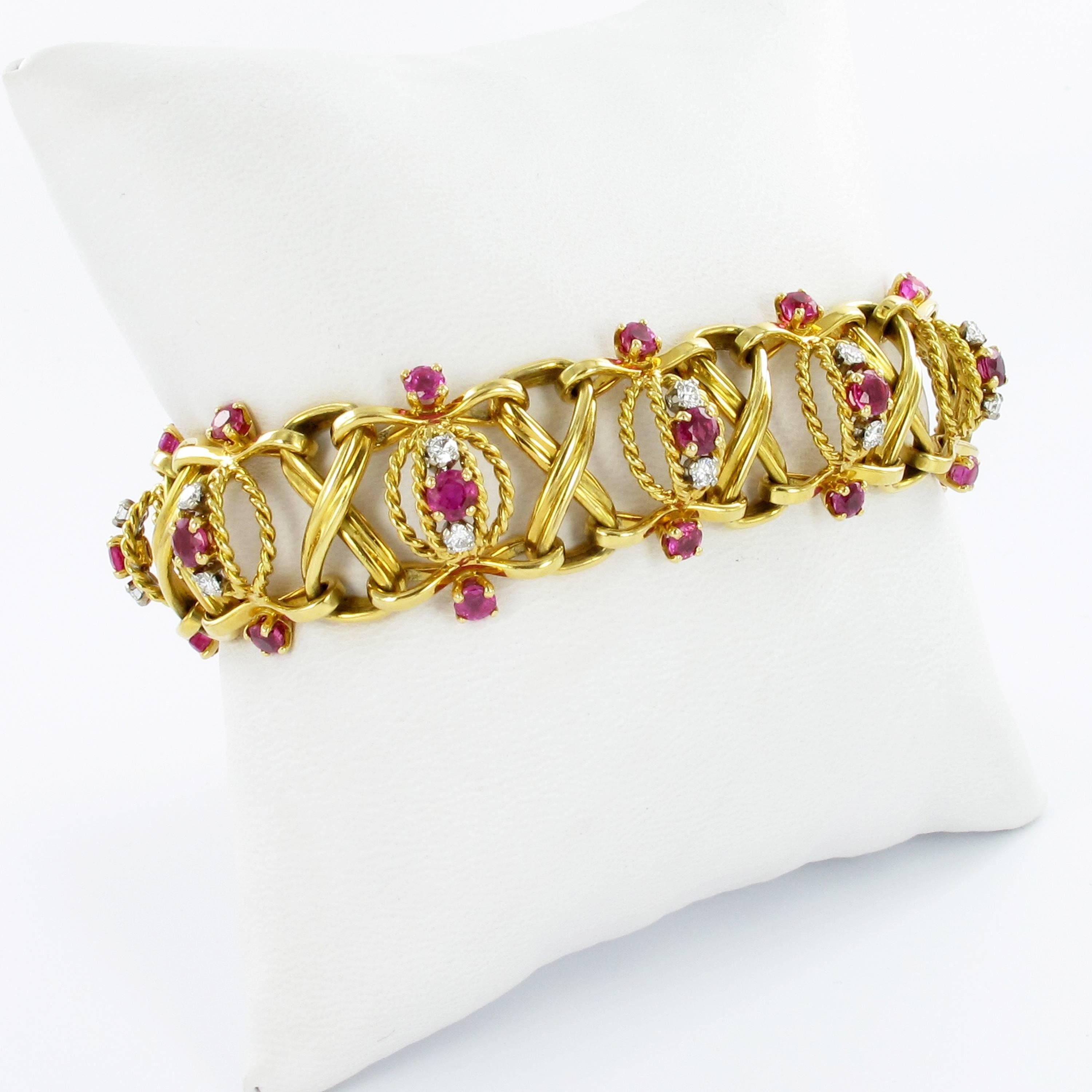 Retro Yellow Gold Pink Sapphire and Diamond Bracelet, circa 1970