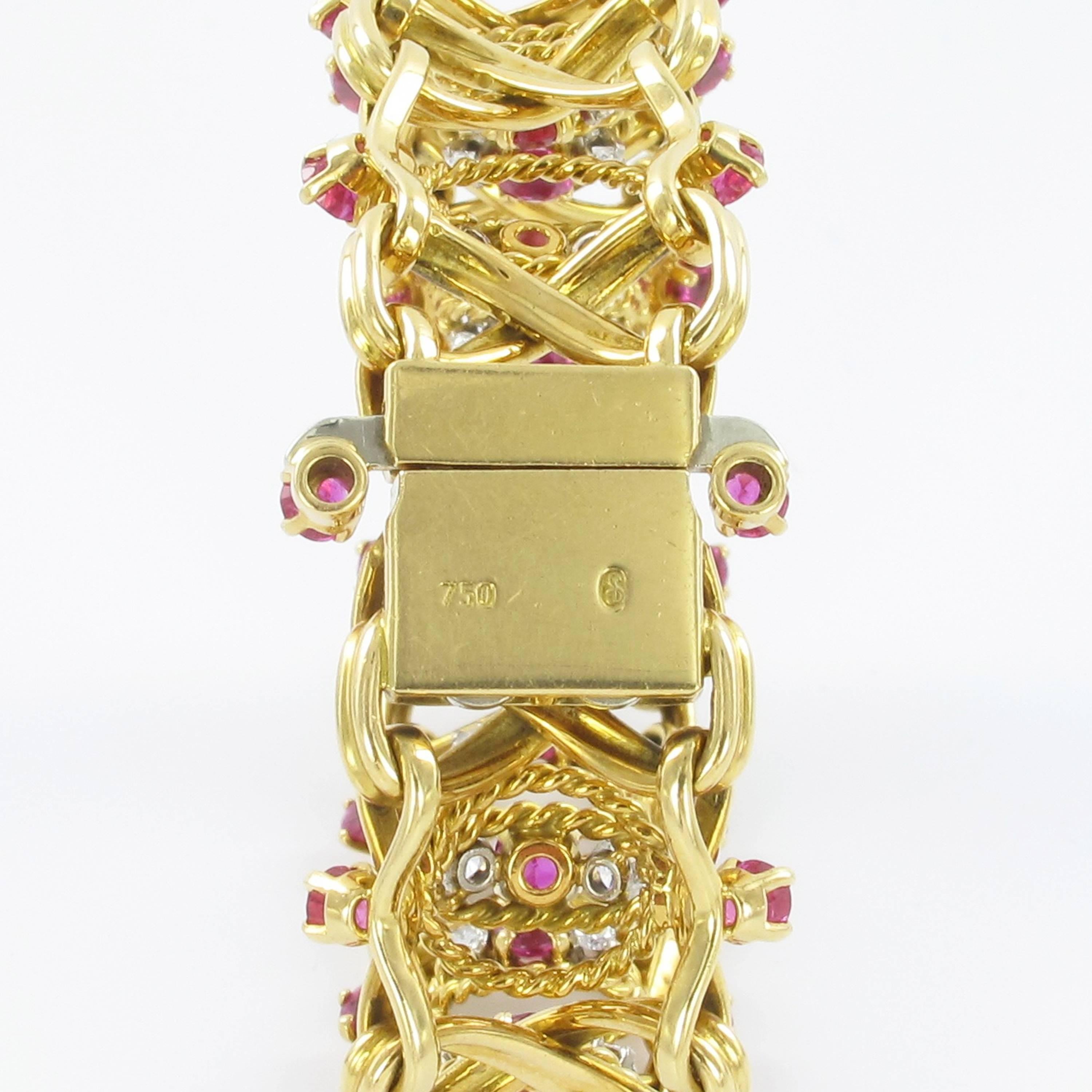 Yellow Gold Pink Sapphire and Diamond Bracelet, circa 1970 In Excellent Condition In Lucerne, CH