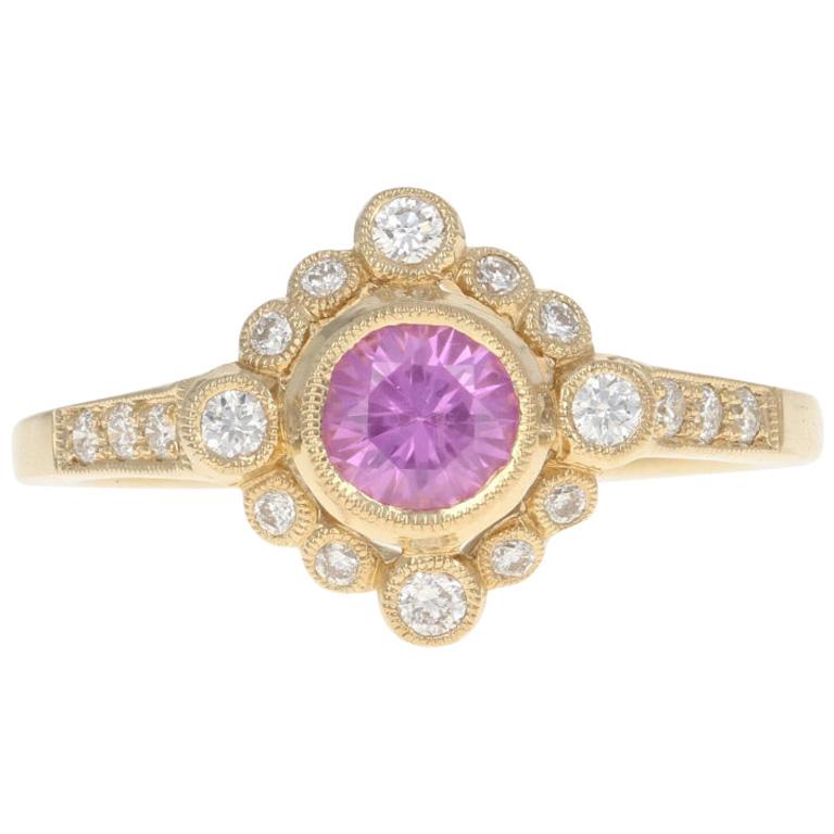 Yellow Gold Pink Sapphire & Diamond Ring, 14k Round Cut .80 Carat Milgrain Halo