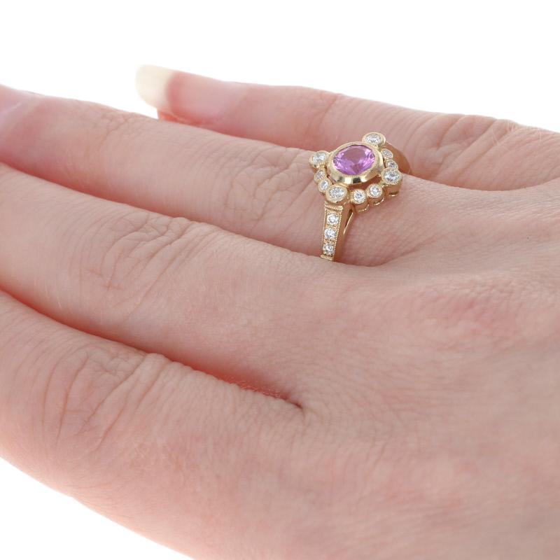 Yellow Gold Pink Sapphire & Diamond Ring, 14k Round Cut .80 Carat Milgrain Halo In New Condition In Greensboro, NC