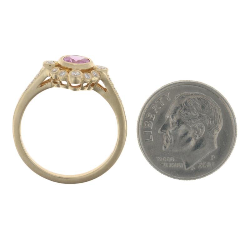 Yellow Gold Pink Sapphire & Diamond Ring, 14k Round Cut .80 Carat Milgrain Halo 1