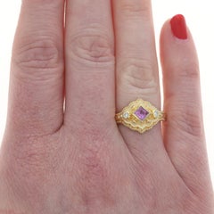 Yellow Gold Pink Sapphire Diamond Ring 5 3/4" 18k Princess .39ctw Milgrain