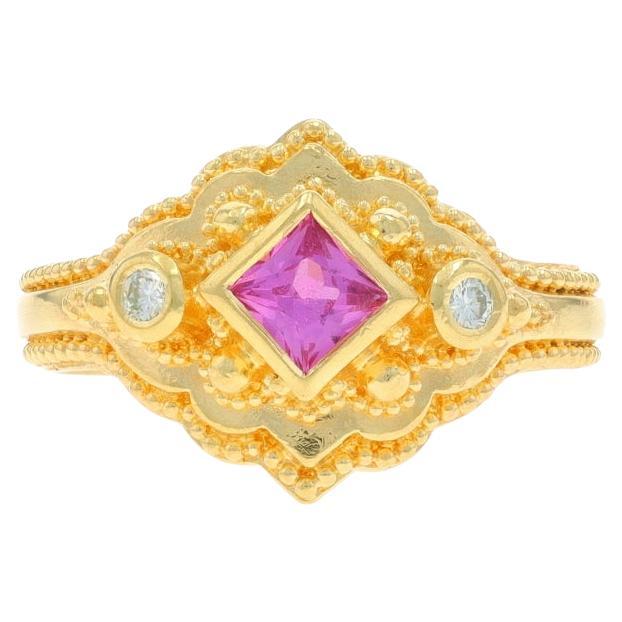 Anillo Oro Amarillo Zafiro Rosa Diamante 5 3/4" 18k Princesa .39ctw Milgrain en venta