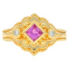 Anillo Oro Amarillo Zafiro Rosa Diamante 5 3/4" 18k Princesa .39ctw Milgrain