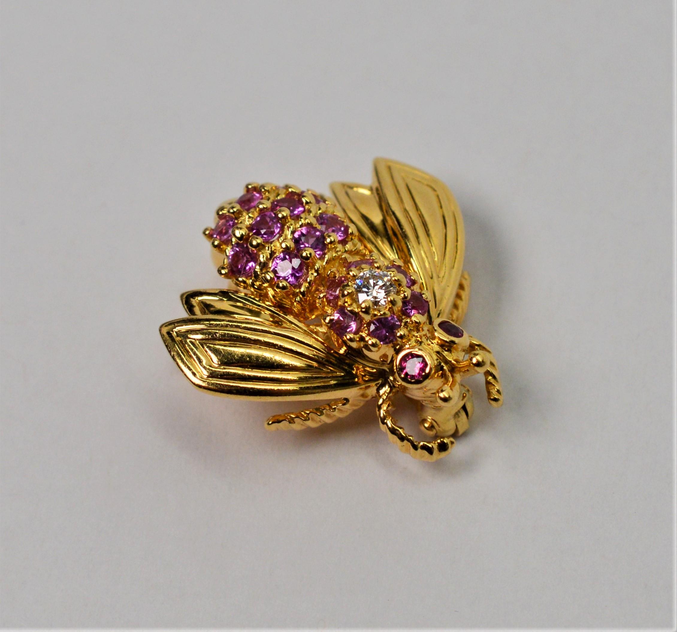 Yellow Gold Pink Sapphire Diamond Ruby Tiffany & Co. Bee Pin Brooch In New Condition In Mount Kisco, NY