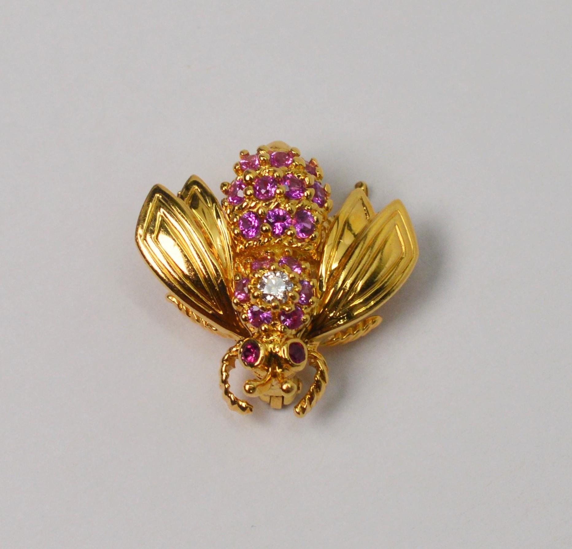 Yellow Gold Pink Sapphire Diamond Ruby Tiffany & Co. Bee Pin Brooch 1