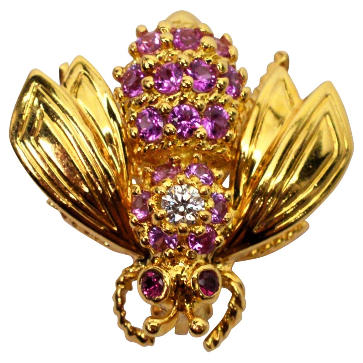 Yellow Gold Pink Sapphire Diamond Ruby Tiffany & Co. Bee Pin Brooch