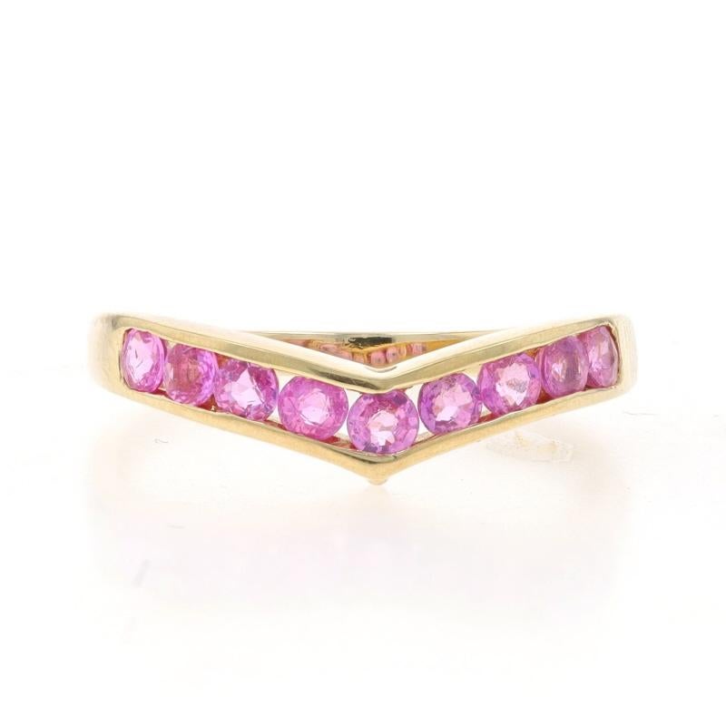 Size: 7 1/4
Sizing Fee: Down 1 size for $30

Metal Content: 14k Yellow Gold

Stone Information

Natural Sapphires
Treatment: Heating
Carat(s): .90ctw
Cut: Round
Color: Pink

Total Carats: .90ctw

Center Contour (east to west): 3.7mm

Style: Enhancer