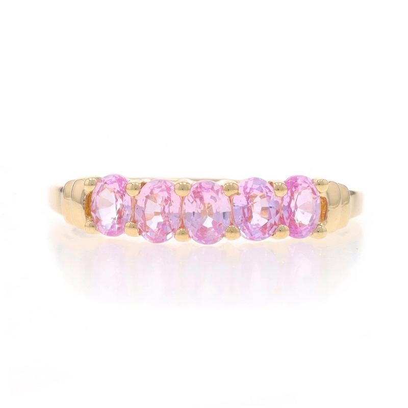 Size: 7
Sizing Fee: Up 1 1/2 sizes for $30 or Down 1 size for $30

Metal Content: 10k Yellow Gold

Stone Information

Natural Sapphires
Treatment: Heating
Carat(s): .90ctw
Cut: Oval
Color: Pink

Total Carats: .90ctw

Style: